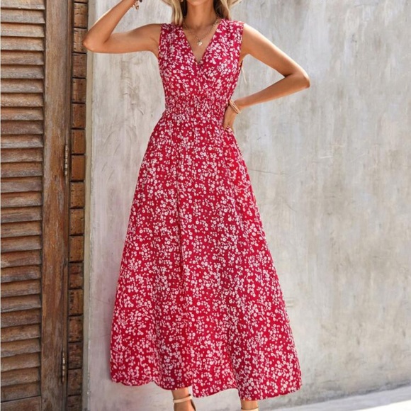 boho Floral Print Shirted Waist Sleeveless maxi Dress - Picture 3 of 6